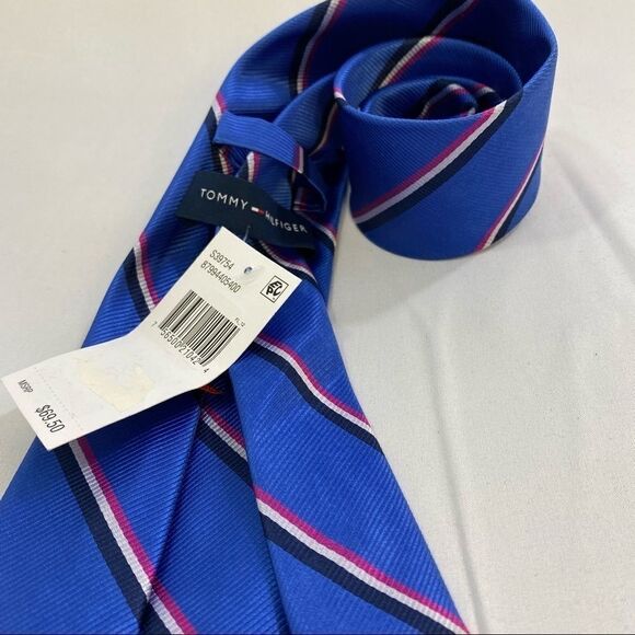 Tommy Hilfiger Pink Blue White Striped Neck Tie - Picture 5 of 5